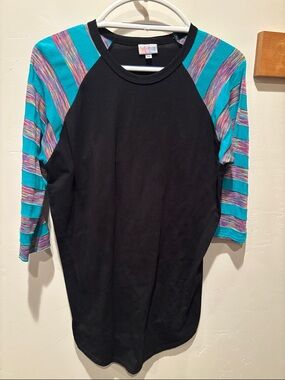 LuLaRoe Black Raglan Top with Teal and Purple Stripe Sleeves